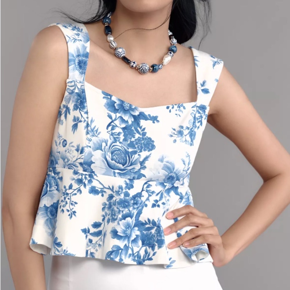 Maeve Blue and White Sleeveless Peplum Tank Top